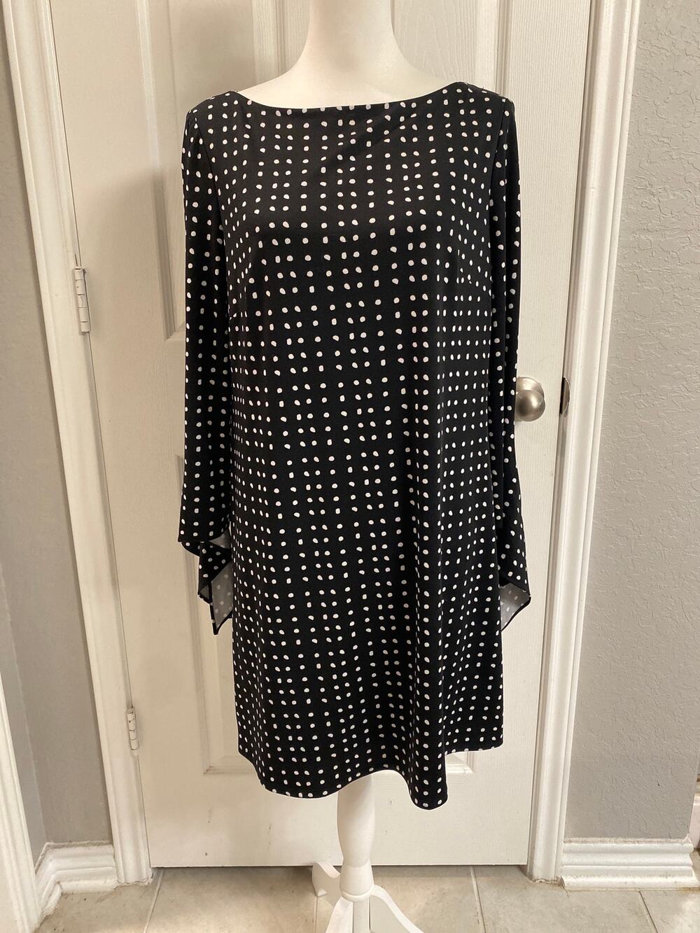 Tahari Levine Studio Shift Dress Black White Polka Dot Convertible Sleeve⁠ Sz 10